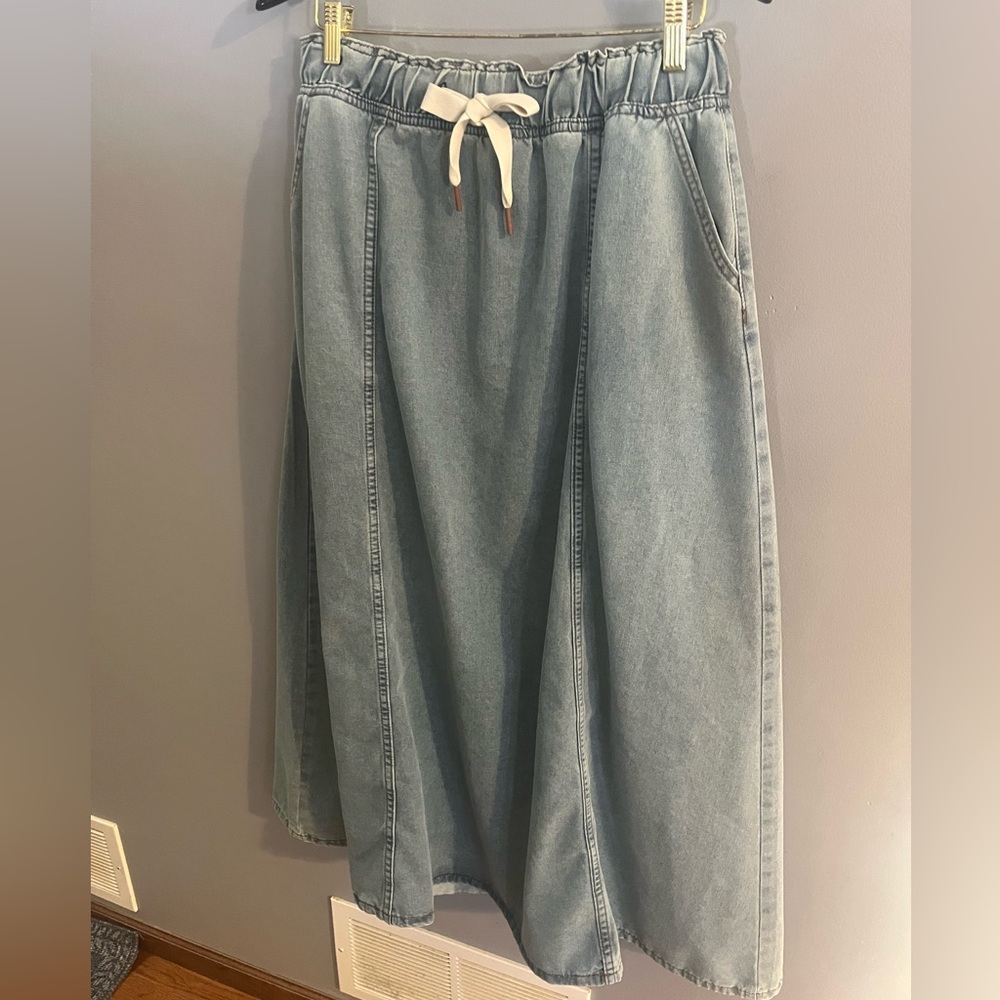 Drawstring Elastic Waist Blue Washed Panel Maxi A-Line Denim Skirt M/L